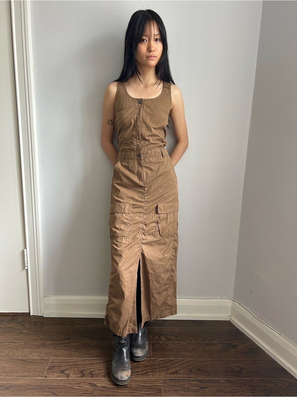 Sleeveless Brown Utility Maxi Dress with Front Slit
